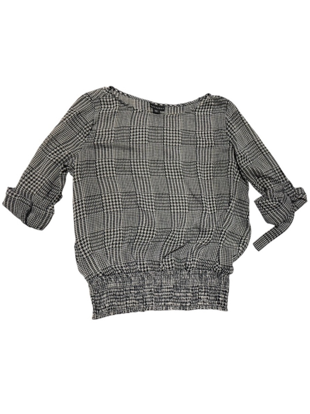 Metaphor Black and White Sheer Plaid Smocked-Hem Blouse